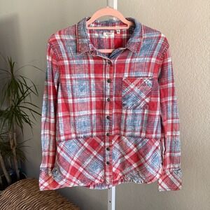 Dylan Plaid Flannel Shirt Womens M Red Blue Western Pearl Snap Cotton
